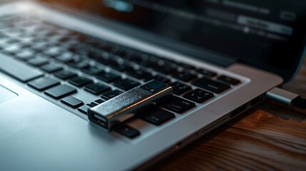 USB flash drive on the keyboard of a laptop