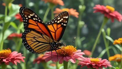 Fototapeta premium A monarch butterfly sips nectar from a vibrant zinnia flower in a lush summer garden, serene, sunny