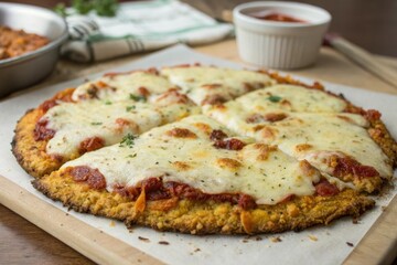 A mouthwatering shot of a keto pizza with a cauliflower crust and melted mozzarella cheese, cauliflower crust, low-carb pizza, savory flavors, meat toppings