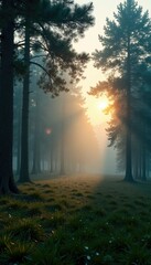Misty forest dawn with foggy trees and dewy grass, mist, forest