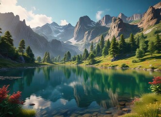 A picturesque mountain landscape with a shimmering lake and lush greenery, tranquil, serene