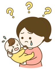 はてなと泣くポニーテールのお母さんと赤ちゃんのゆるかわイラスト