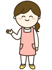 案内をするエプロンを着た女性のシンプルなイラスト