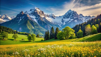 Spring Alps Landscape Photography: Idyllic Blooming Meadows & Snowcapped Peaks