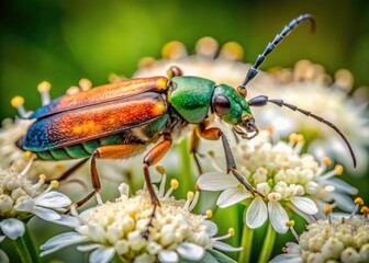 Fototapeta premium Stinky Beetle on White Flower: Nature's Intricacies in Macro Photography, Showcasing the Beauty of Insects, Floral Interactions, and Architectural Patterns in Nature