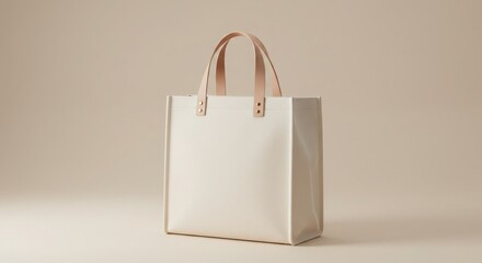 canvas tote bag, minimalist design, cream color, leather handles, square shape, eco-friendly, reusable shopping bag, high-quality fabric
