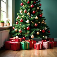 Presents and decorations are strewn across the floor surrounding a large Christmas tree, presents, bows, colorful
