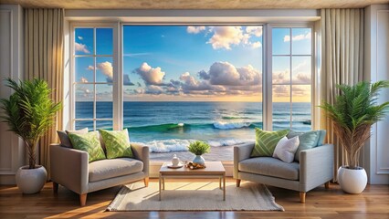 Naklejka premium Stunning Sea View from a Beautifully Designed Interior Window with Modern Decor, Natural Light, Coastal Vibes, and Tranquil Atmosphere for Relaxation and Inspiration