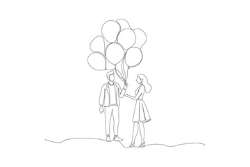 Man giving balloons to woman continuous one-line art drawing. Happy Valentine's Day concept background.
