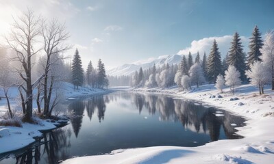 Obraz premium A snowy landscape with a frozen lake in the background, snow-covered trees and a serene sky, frosty scenery, winter wonderland