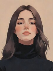 Naklejka premium A portrait of a young woman with long dark hair. wearing a black turtleneck