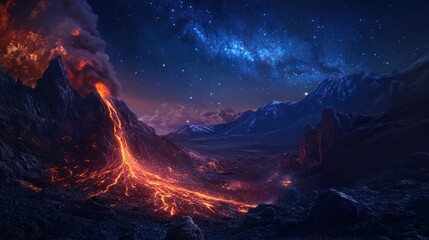 Night volcano eruption, lava flow, starry sky, mountains, fantasy landscape