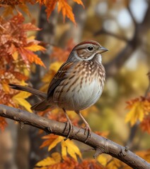 Obraz premium A song sparrow perched on a branch of a deciduous tree with vibrant fall foliage in the background, sparrow, eastern neck national wildlife refuge