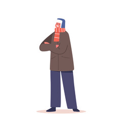 Happy Little Child Wear Warm Clothes, Hat and Scarf Laugh, Enjoy Winter Vacation and Snow Games. Kid Character Fooling