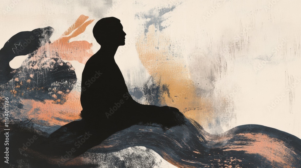 Fototapete person sitting in shadow surrounded by abstract elements expressing inner turmoil and contemplation.