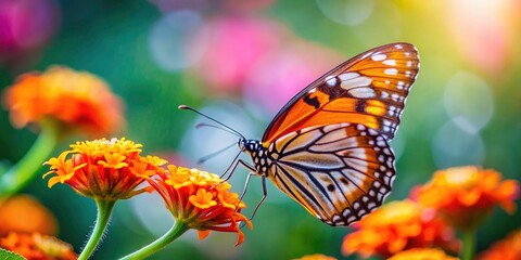 Thailand Butterfly Panoramic Photo: Closeup Orange Butterfly on Flower, Blurred Background