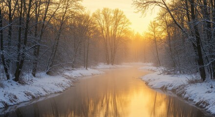 Winter forest landscape, snowy river, golden sunset, bare trees, reflective water, cold atmosphere, serene nature, frosty scenery
