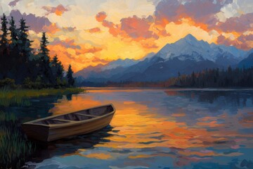Serene Sunset Reflection Over Calm Lake with Lone Canoe
