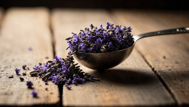 lavender flowers in a metal spoon with dried petals scattered on a rustic wooden table - Powered by Adobe