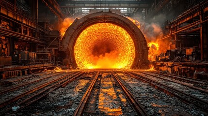 Obraz premium Molten metal furnace with fire, inside an industrial factory.