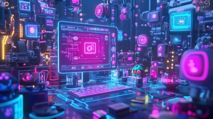 Neon-lit digital workspace, futuristic city backdrop, software interface, editing