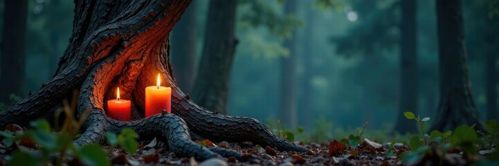 Twisted gnarled trunk with flickering candles, forest, wood, dark