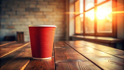 A single red disposable cup sits on a wooden table beside a window, the sun shining through the glass and casting a warm glow on the surface.