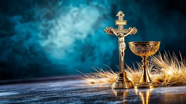 Cross, Monstrance, and Chalice on Blue Velvet Background