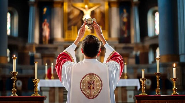Priest Elevating Host During Consecration