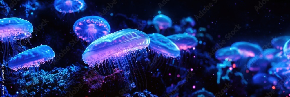 Aufkleber glowing microorganisms shine under uv light in a vibrant aquatic environment. generative ai