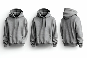 Grey hoodie mockup, front, back, side views, white background, apparel design