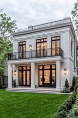 Naklejka premium Modern two-story house with elegant exterior and lush green garden in a serene residential neighborhood