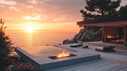 Ocean view home, infinity pool, sunset.