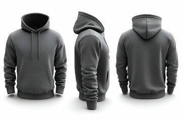 Grey hoodie mockup, three views, white background, apparel design