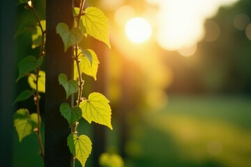 Obraz premium A delicate vine crawling up a trellis as morning sun casts its gentle glow, landscape, morning