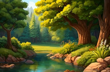 Beautiful and Peaceful Nature Scenery Illustration Landscape Countryside Tranquil Vibrant and Colorful