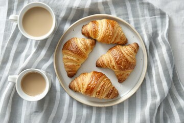 Coffee, croissants, breakfast, plate, fabric, table, top-view, morning, food, blog