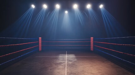 A boxing ring illuminated by dramatic lights, ready for a match.