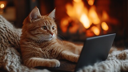 Ginger cat relaxing on cozy blanket near fireplace, using laptop.