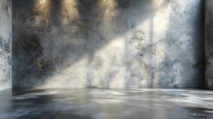 A smooth concrete wall with subtle speckles resembling natural stone, paired with a polished concrete floor, illuminated by soft diffused lighting for an elegant and professional product backdrop,