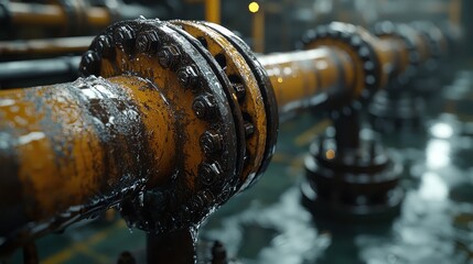 Oily, yellow industrial pipes with bolts in perspective.