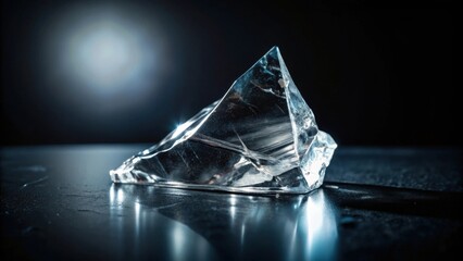 Fototapeta premium A single, multifaceted crystal of ice reflects a soft, blue light, casting a reflection on a dark, reflective surface.