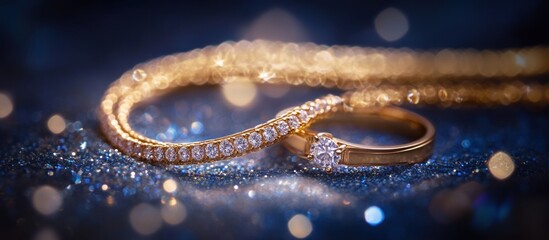 Fototapeta premium Diamond ring, bracelet on glitter, bokeh