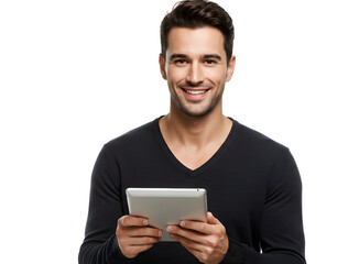 Portrait of handsome smiling man using a tablet computer.