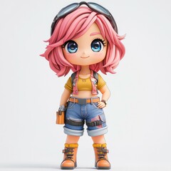Adorable 3D Render of a Cute Kawaii Girl with Pink Hair and Blue Eyes, Wearing Denim Shorts and Boots