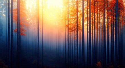 Enchanting Forest at Sunrise with Vivid Colors and Misty Atmosphere