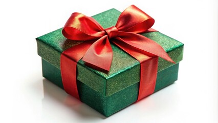 Obraz premium A glimmering emerald green gift box with a vibrant red ribbon bow, symbolizing the joy of giving and the anticipation of a special surprise.