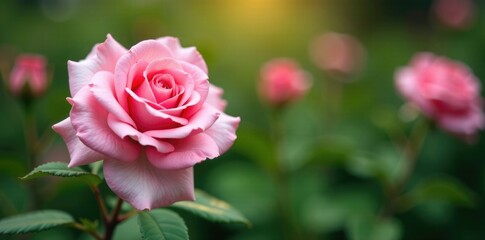 Delicate pink rose blooms in a lush garden greenery, pink flowers, flowers, pink