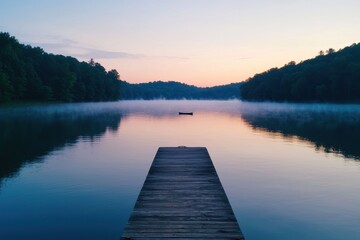 Serene Lake at Dawn with Mist and Wooden Dock in Calm Waters