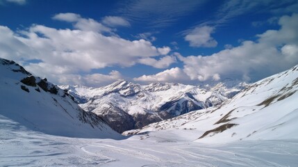 Obraz premium A breathtaking snowy mountain landscape under a blue sky with scattered clouds.